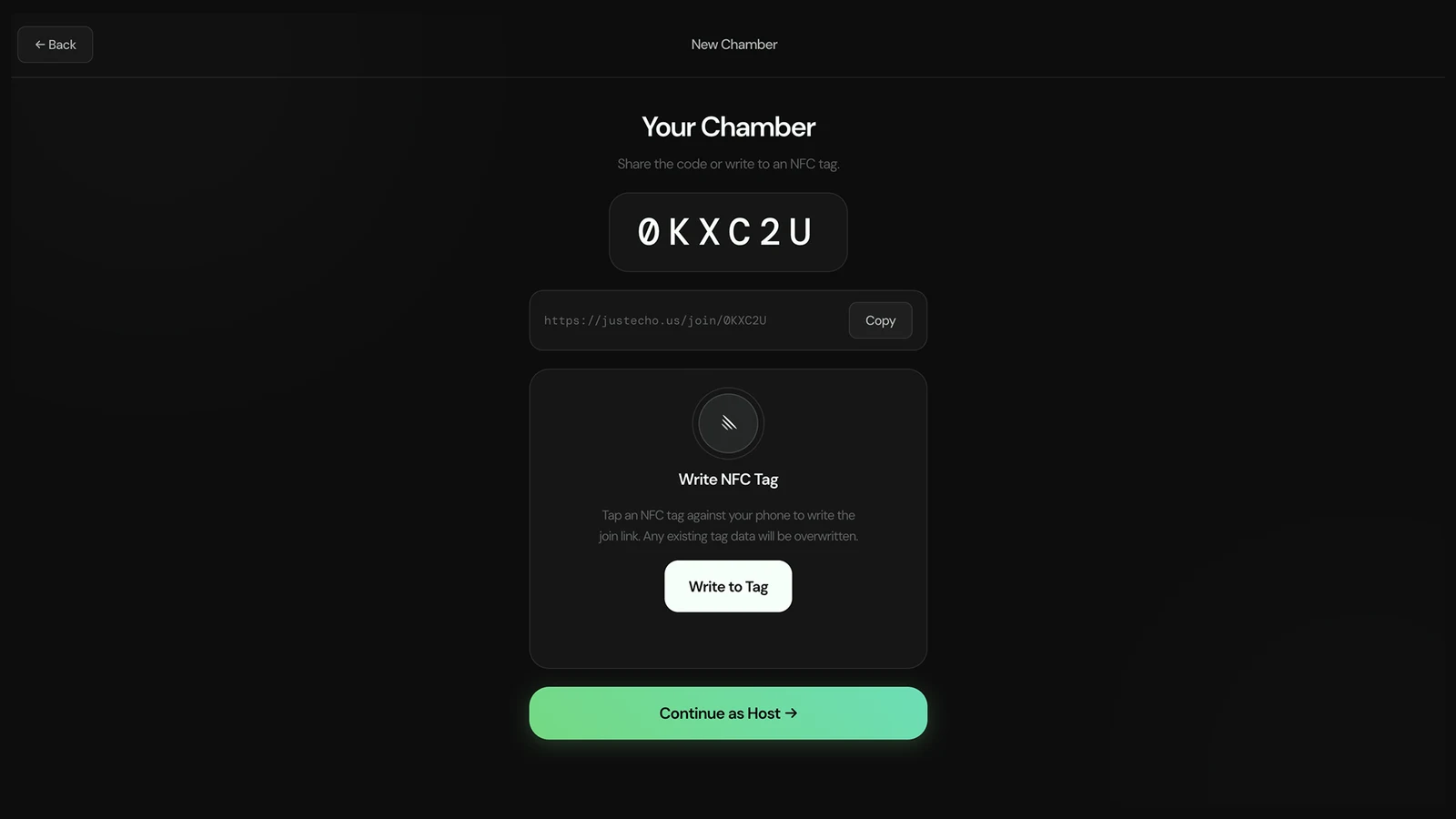 The Echo join screen: create a Chamber or join one