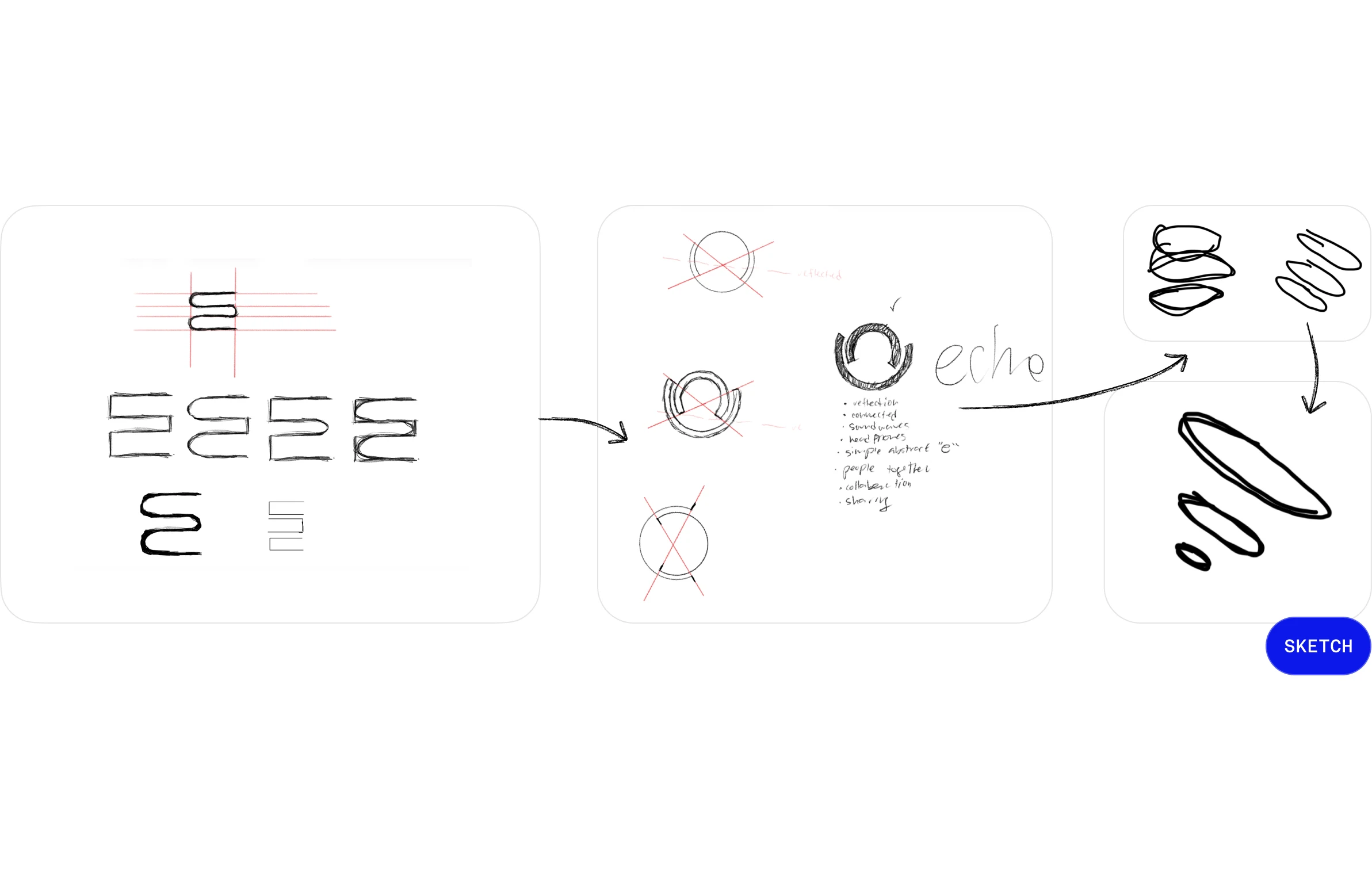 Logo ideation: the E pulled from a square audio wave, circular concepts tried and cut, and the direction pivot.