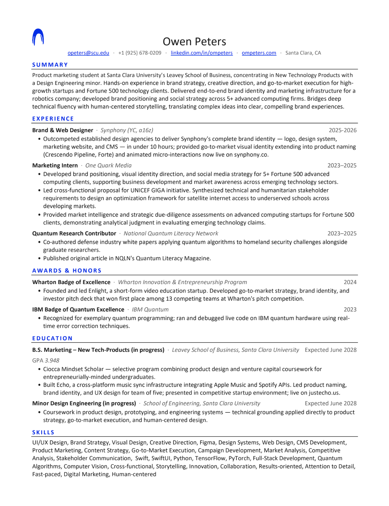 First page of Owen Peters' resume PDF
