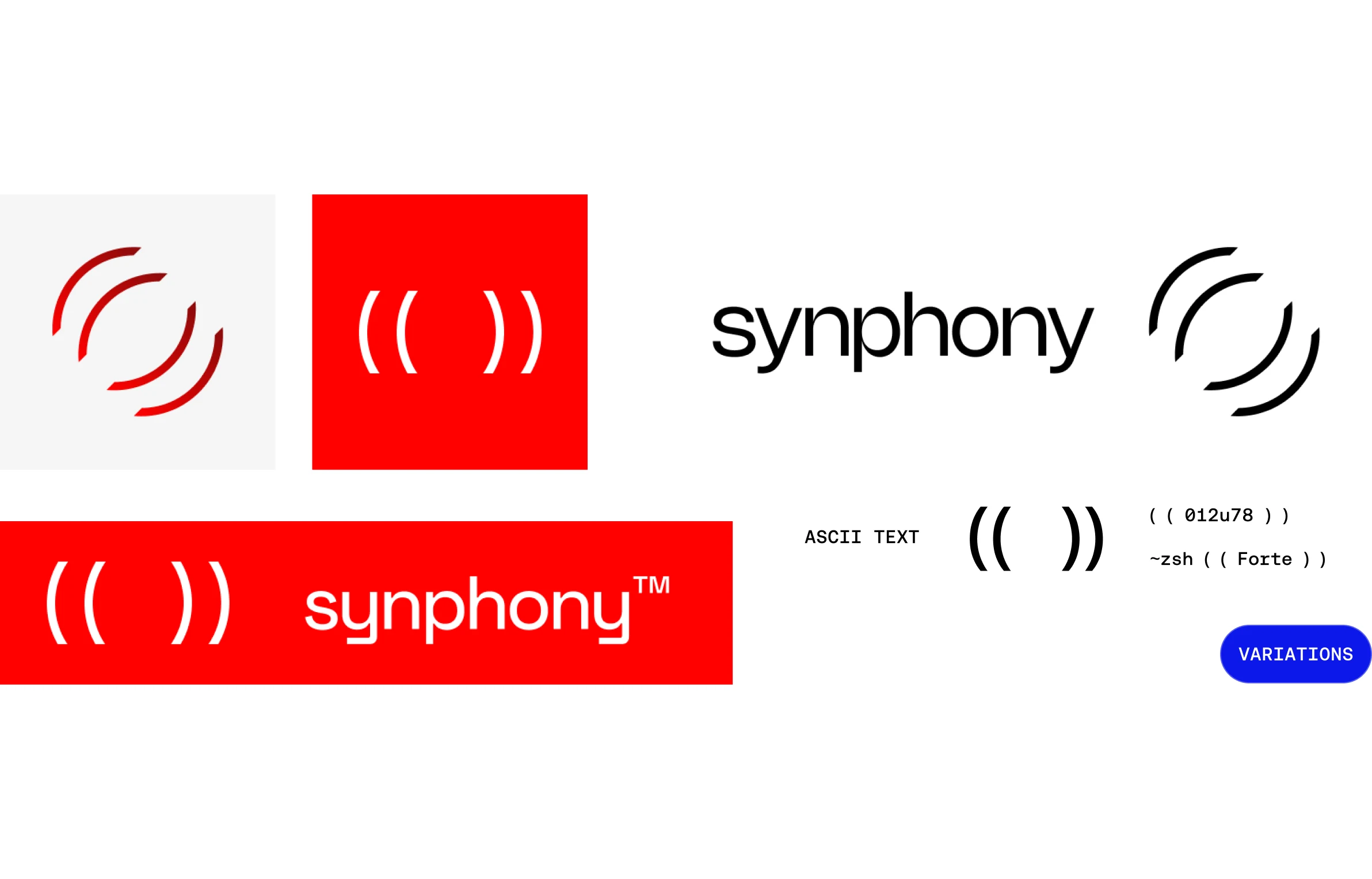 Evolution strip: mark variations, the sticker, the banner lockup, and the ASCII (( )) rendering.