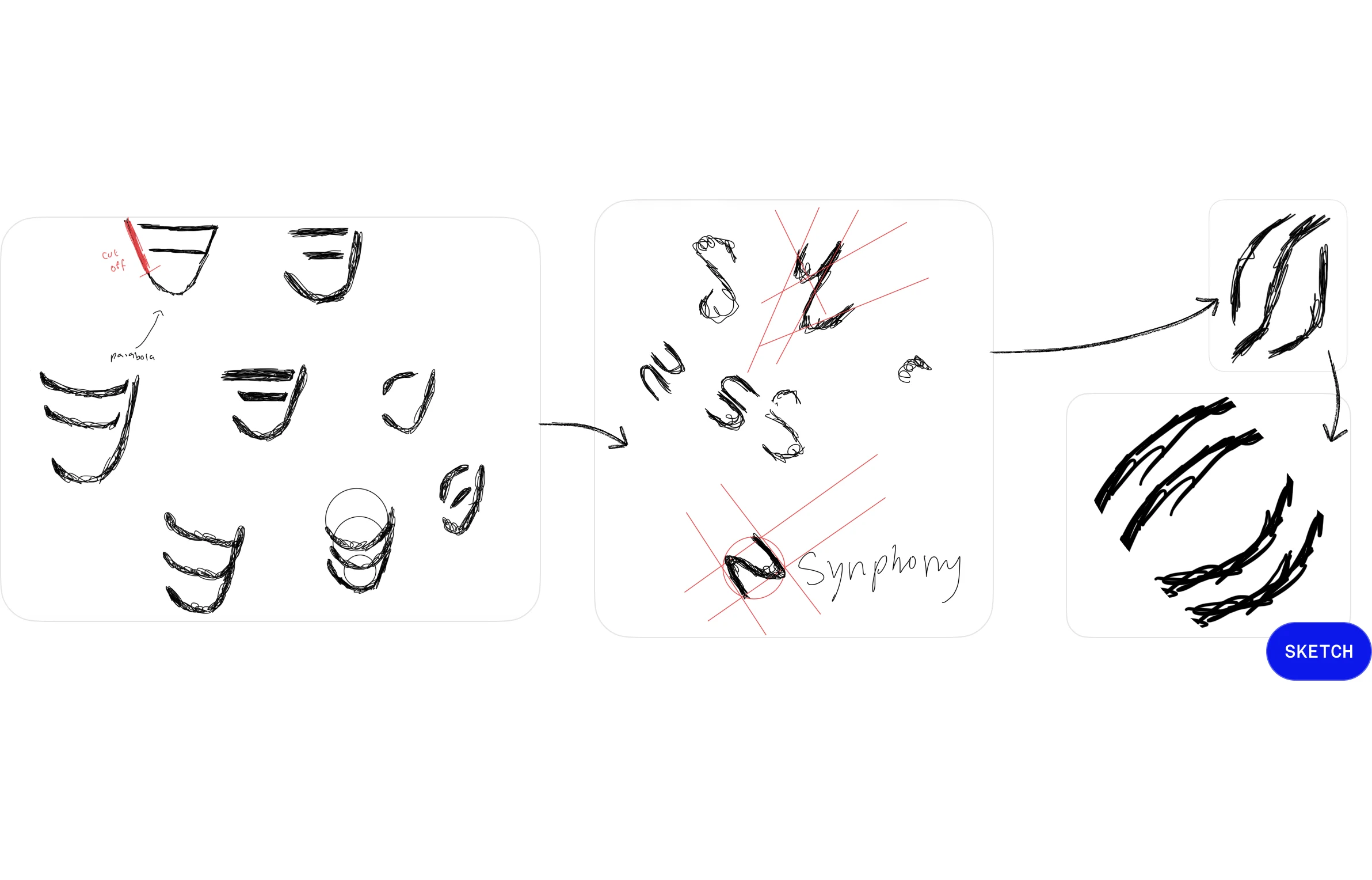 Ideation board: harp and soundwave sketches, a direction pivot, and the final sketch.